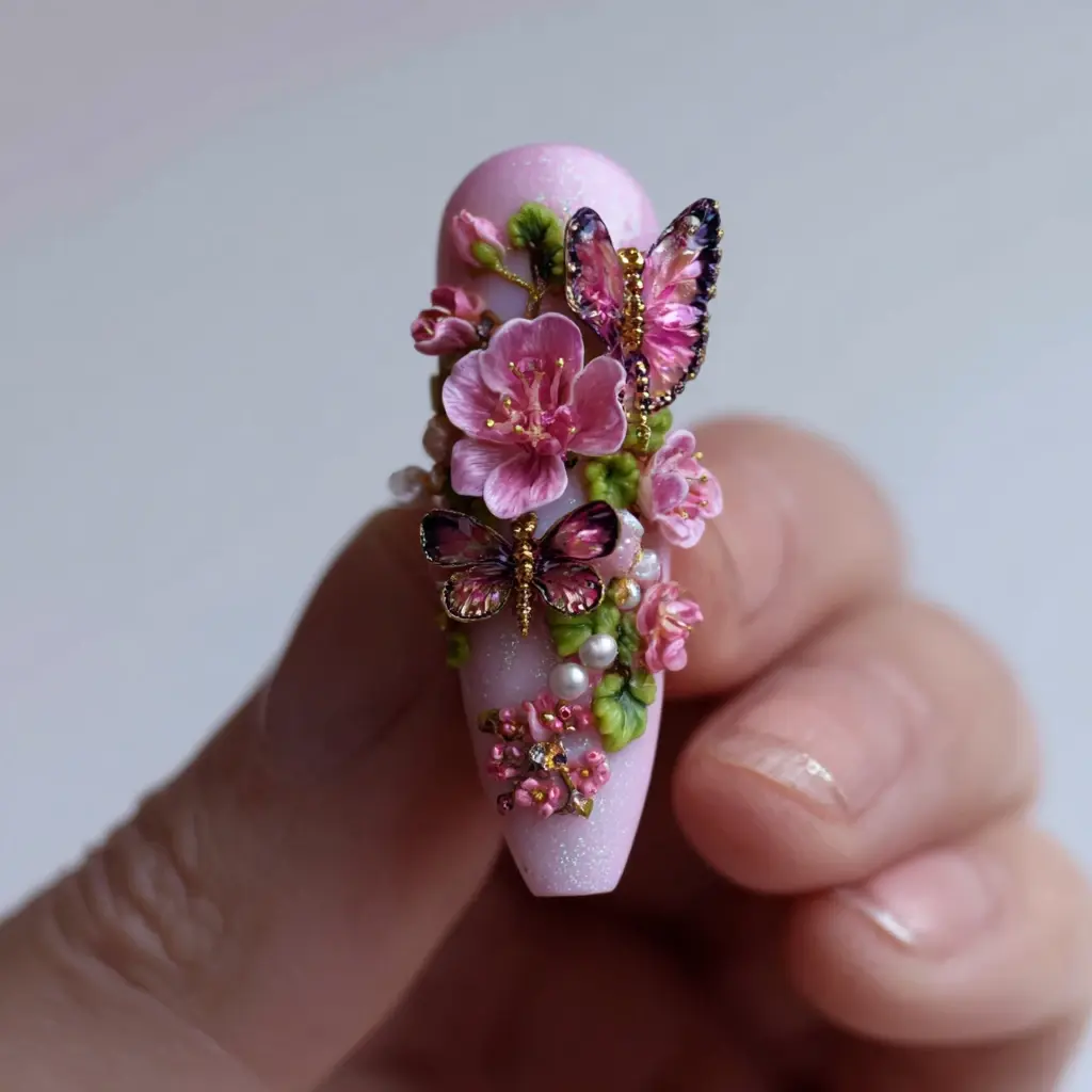 pink and purple coffin long nails with 3d and floral