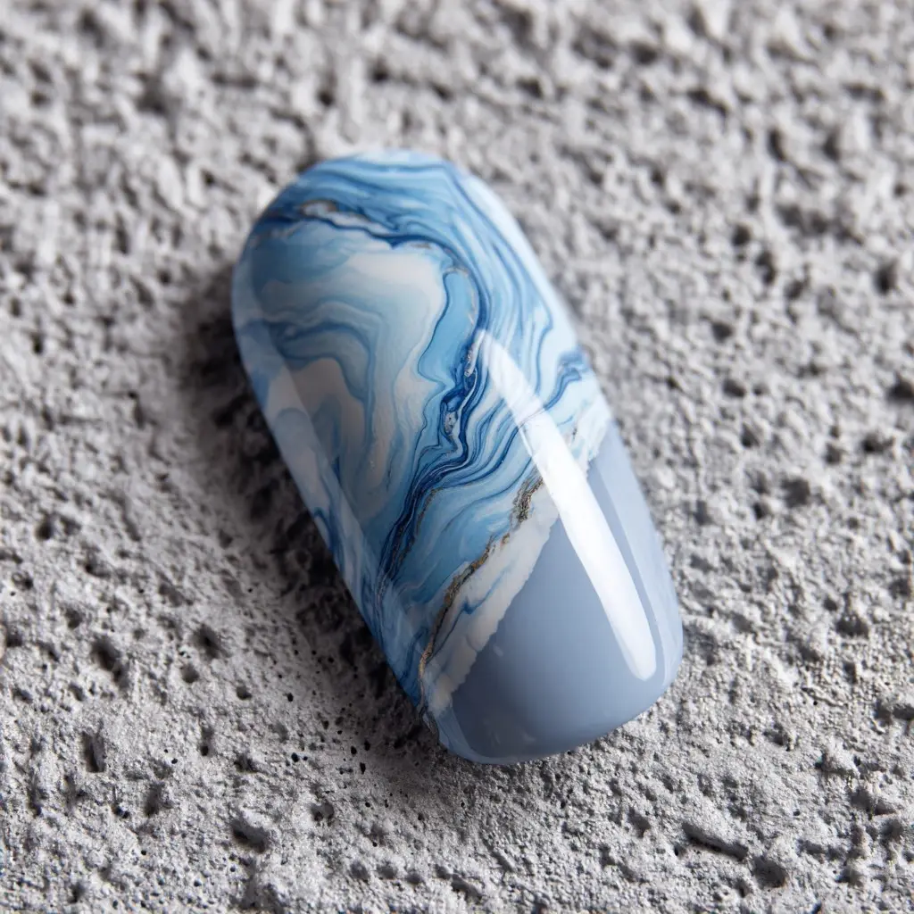 blue and white coffin long nails with abstract and ombre