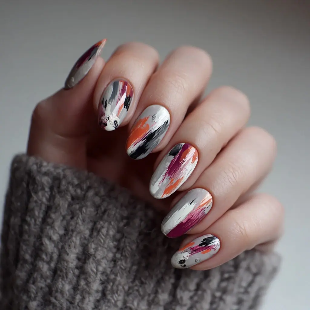pink and orange square medium nails with abstract and geometric