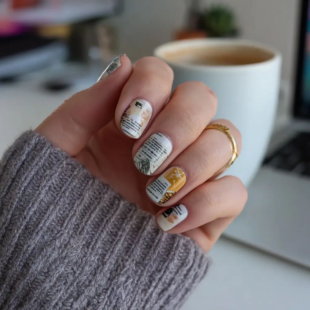 white and yellow square medium nails with abstract and minimalist