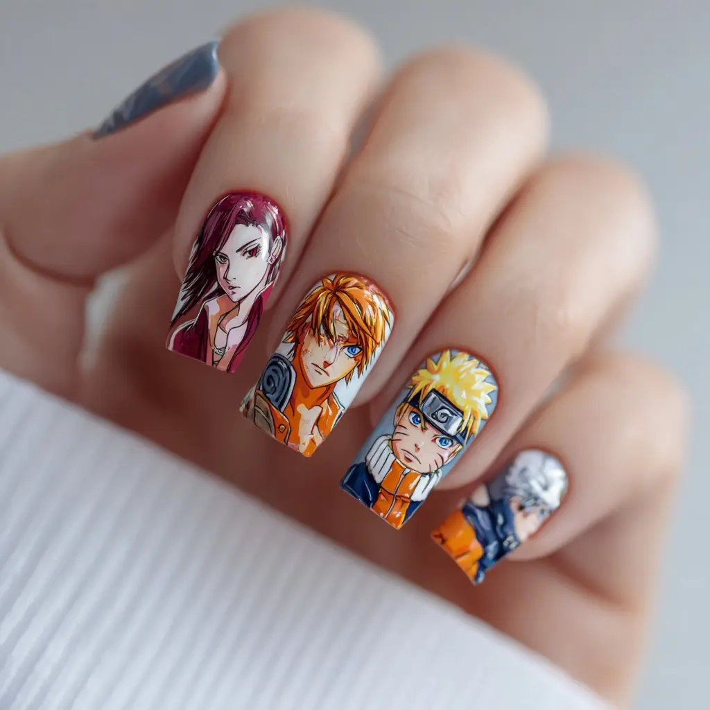 red and orange coffin medium nails with abstract and floral