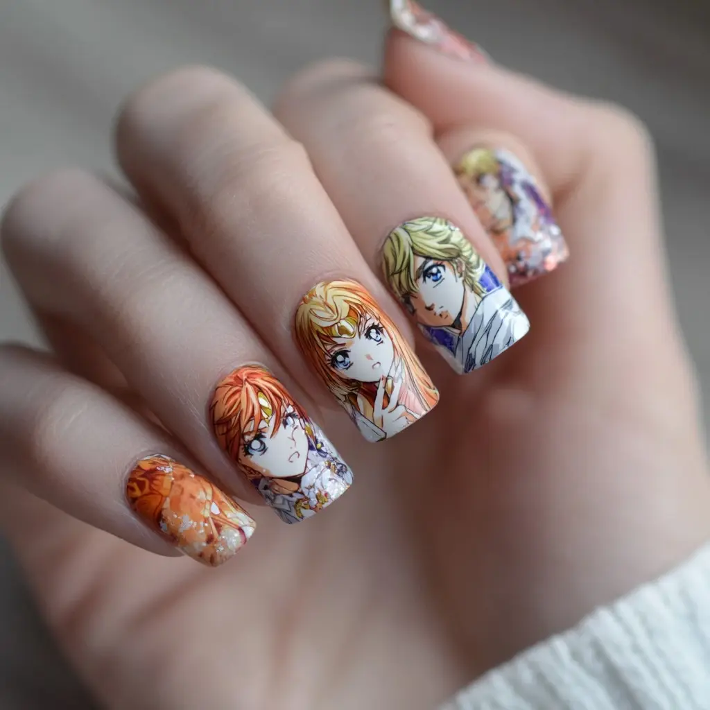 orange and blue coffin long nails with abstract and glitter