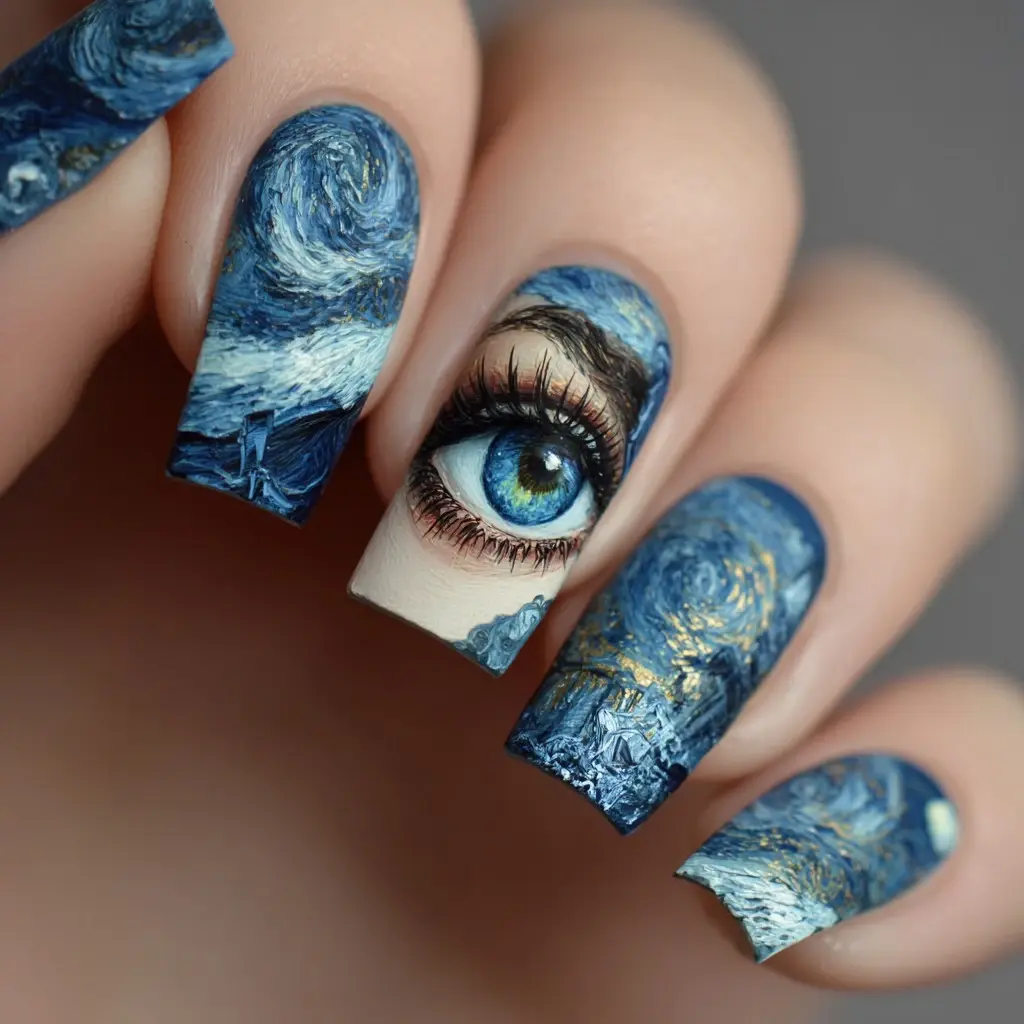 blue and gold coffin long nails with abstract and 3d