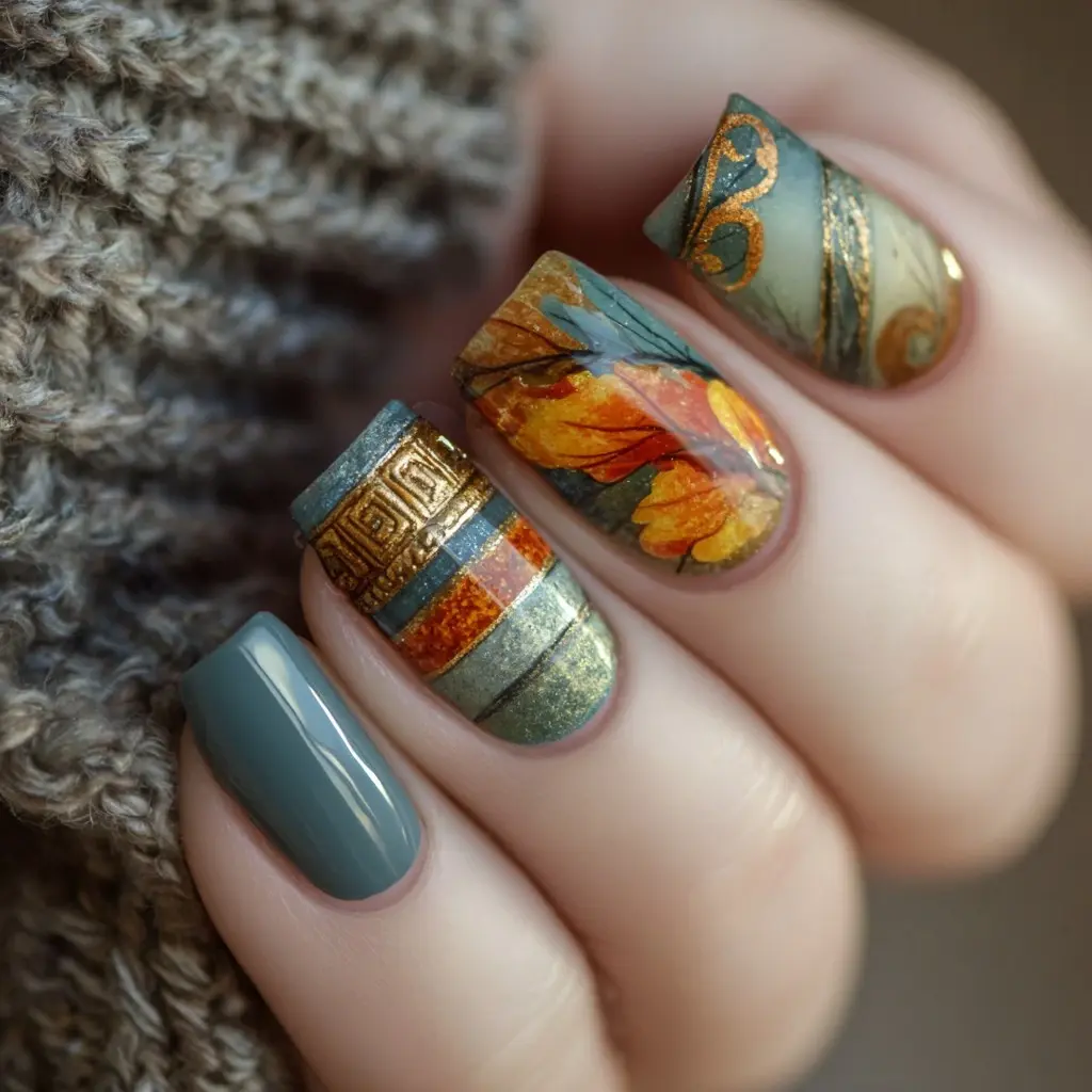 green and orange square medium nails with floral and geometric