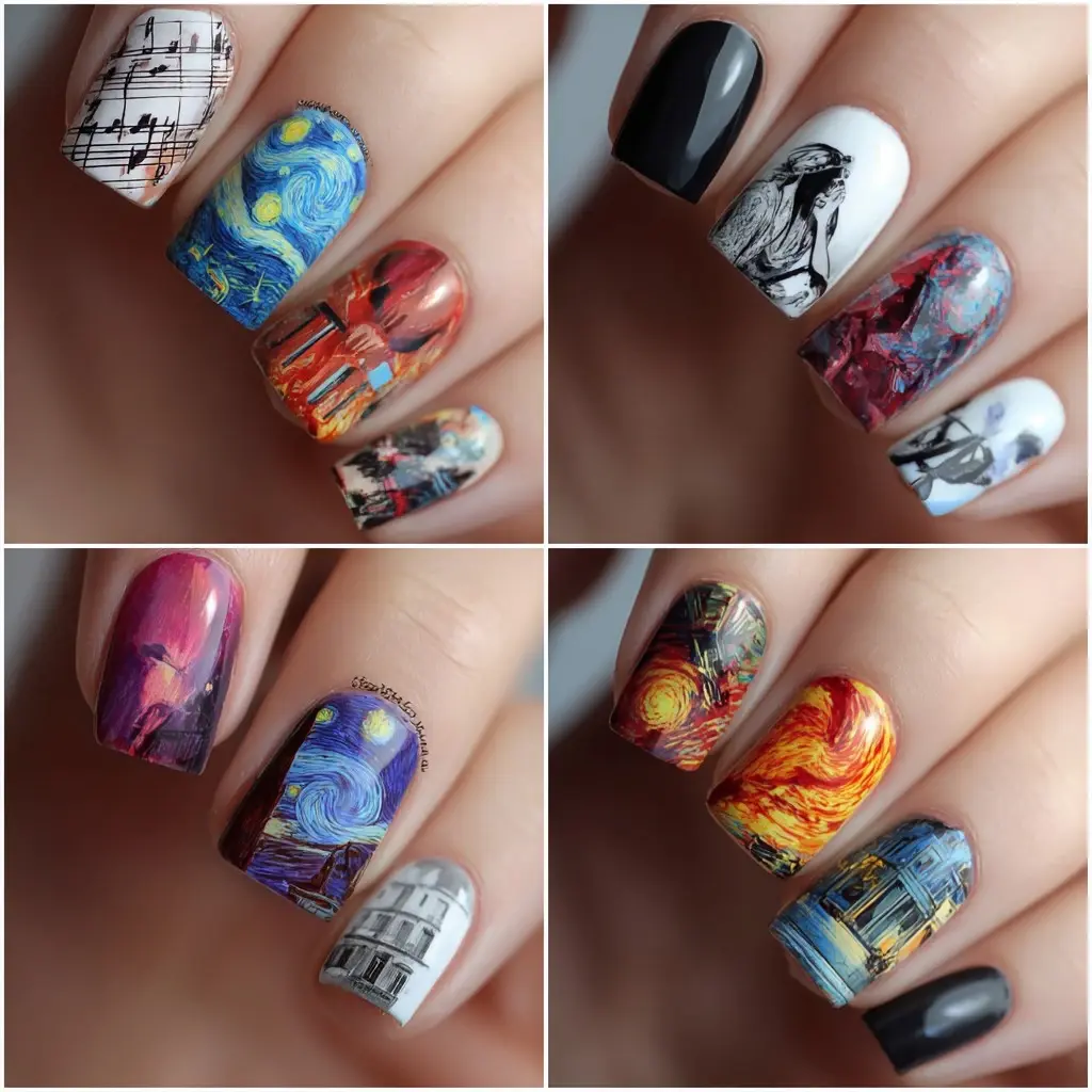 blue and red coffin long nails with abstract and glossy