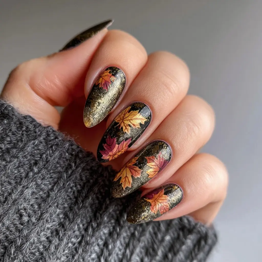 orange and red coffin medium nails with floral and glitter