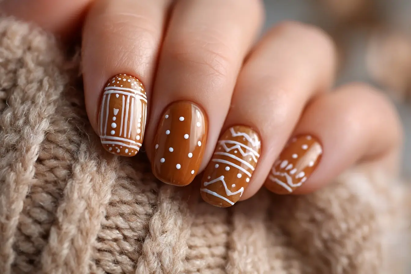 Boho Brown Geometric Almond Nail Art Design