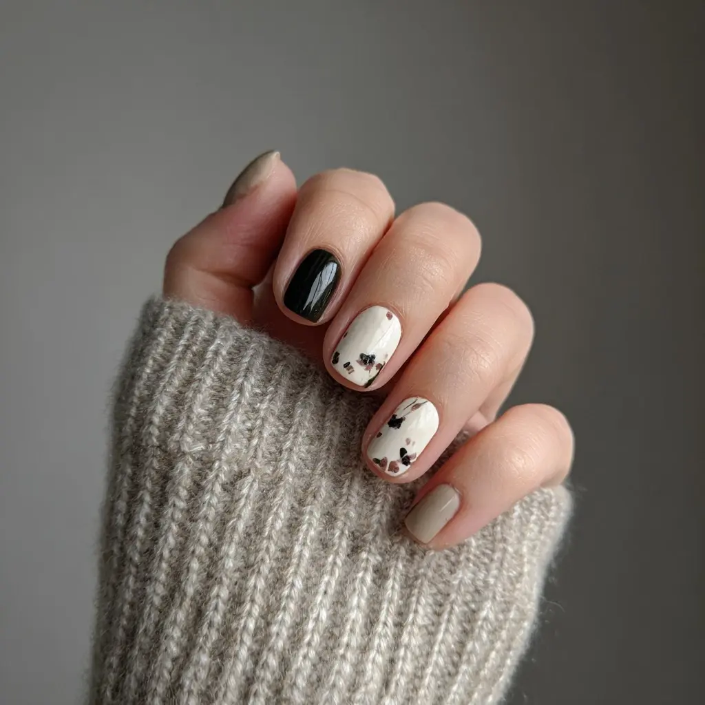 black and white square medium nails with abstract and minimalist
