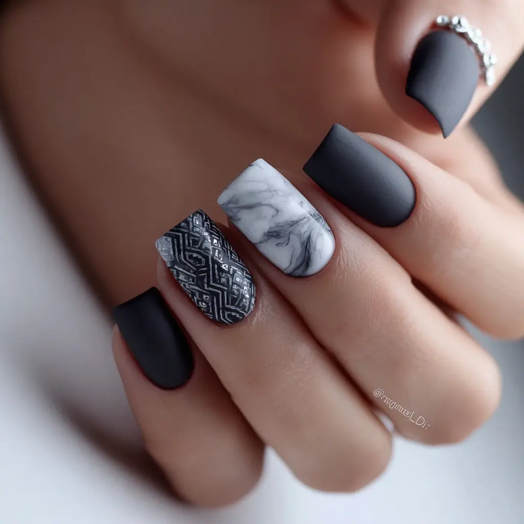 black and white coffin medium nails with geometric and abstract