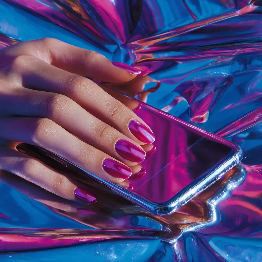 pink and purple square medium nails with glossy