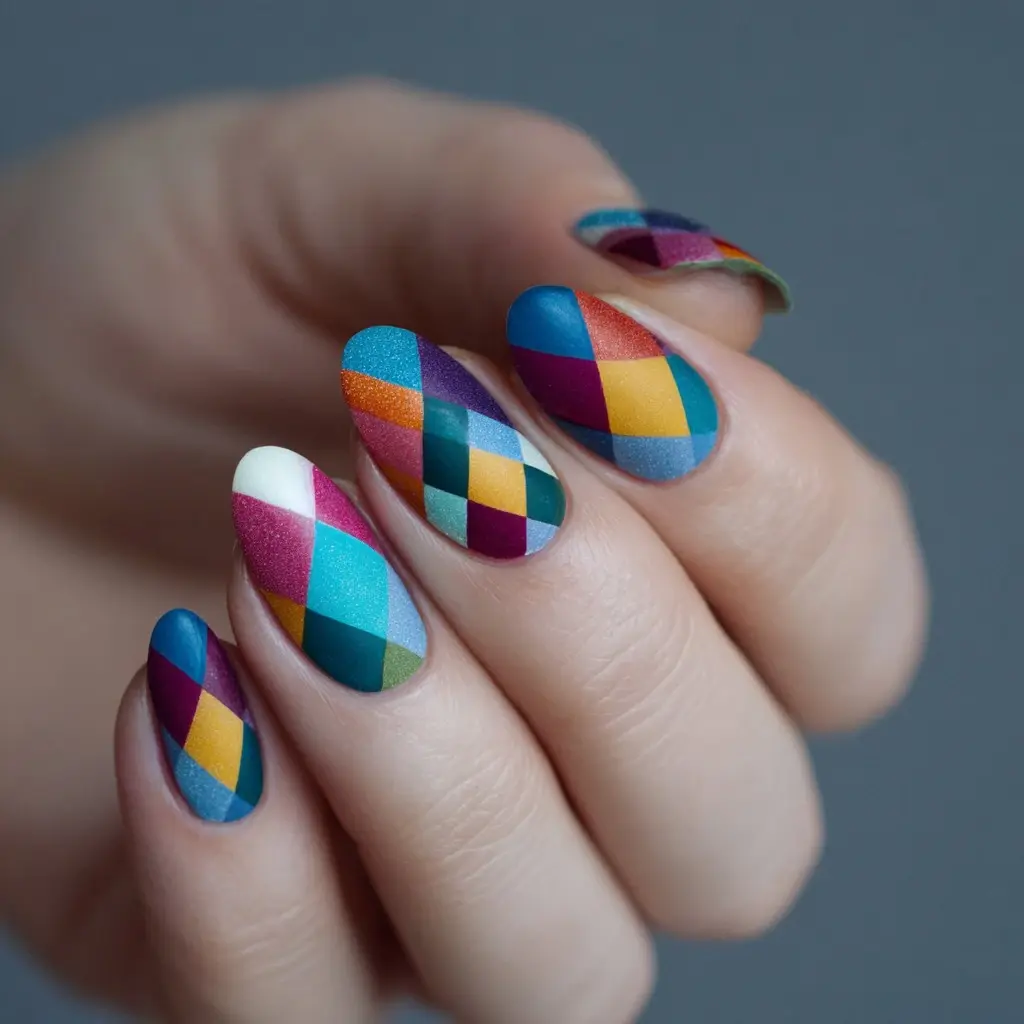 blue and pink square medium nails with geometric and abstract
