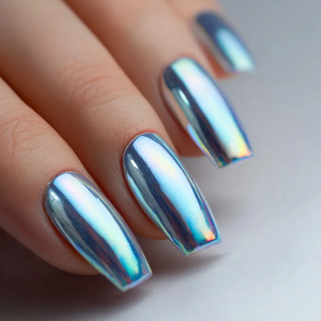 blue and metallic coffin long nails with abstract and glossy