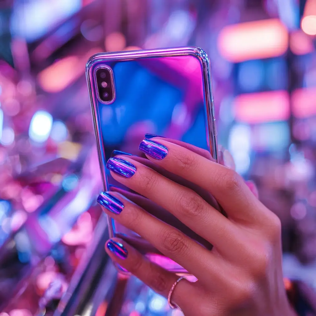 blue and metallic square medium nails with glossy