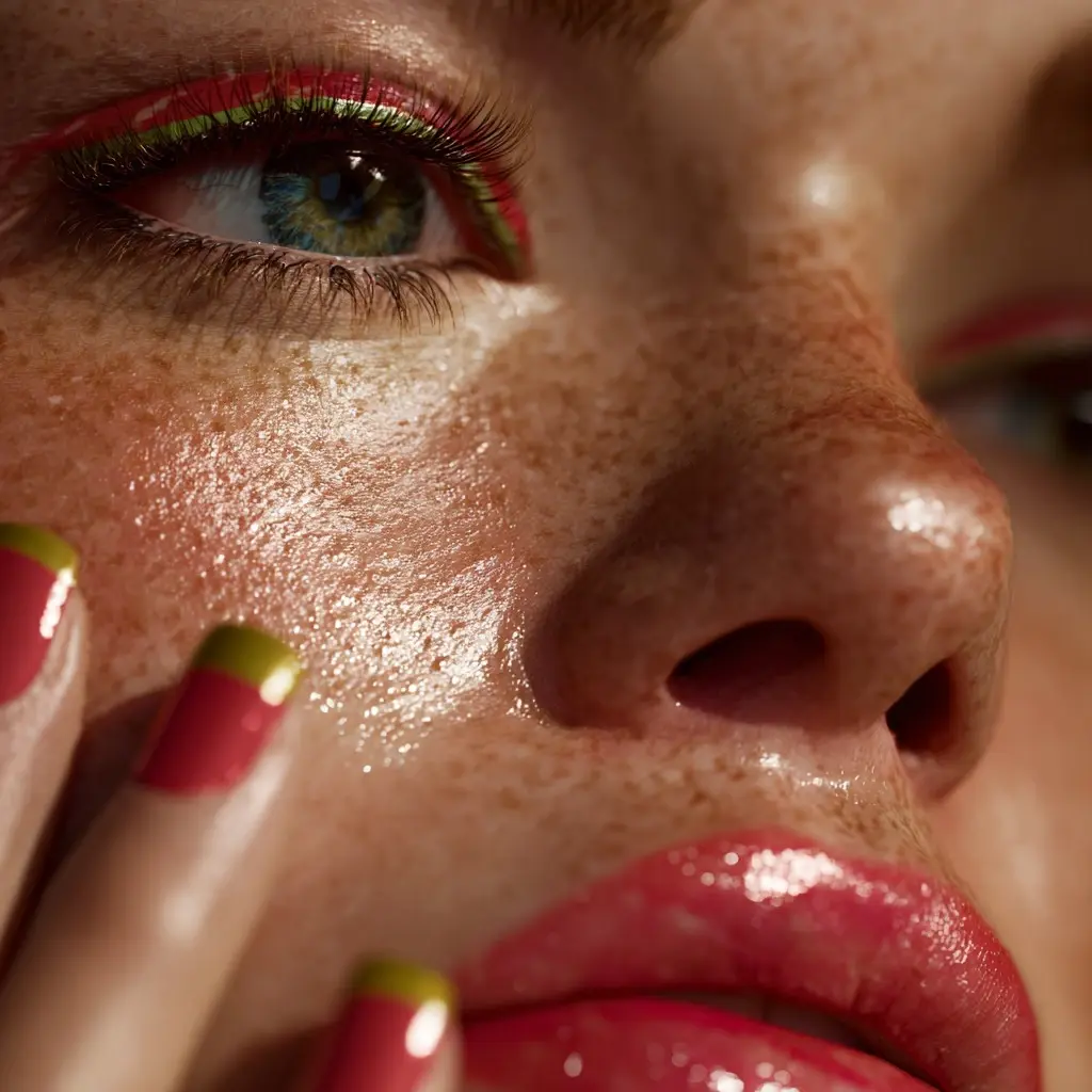 red and green square medium nails with french and abstract