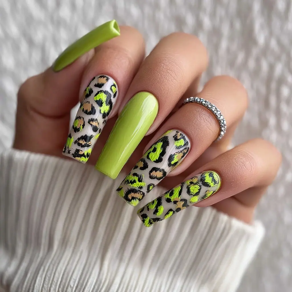 green and black coffin long nails with abstract and glossy