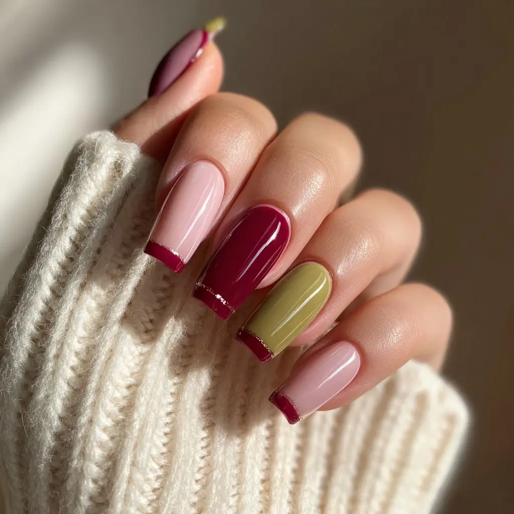 red and pink coffin medium nails with french and ombre