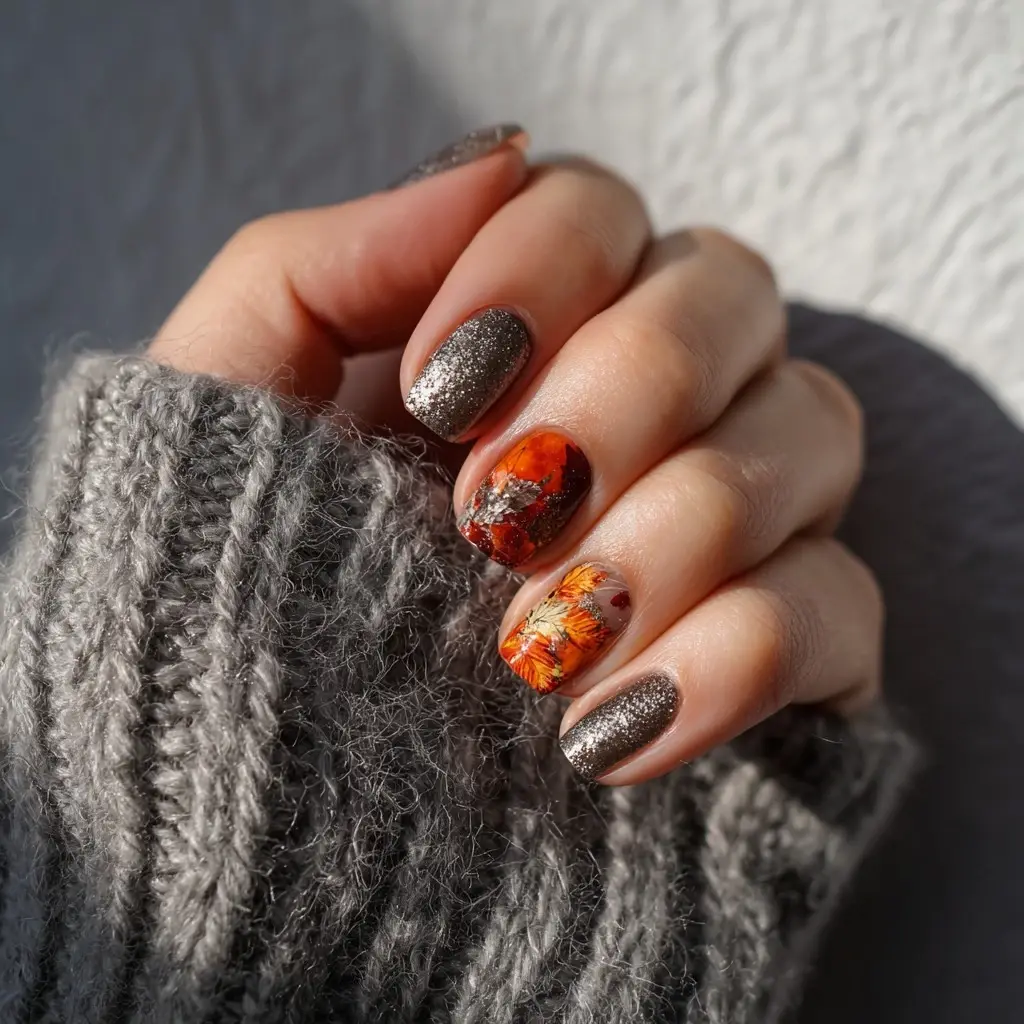 orange and metallic square medium nails with french and glitter
