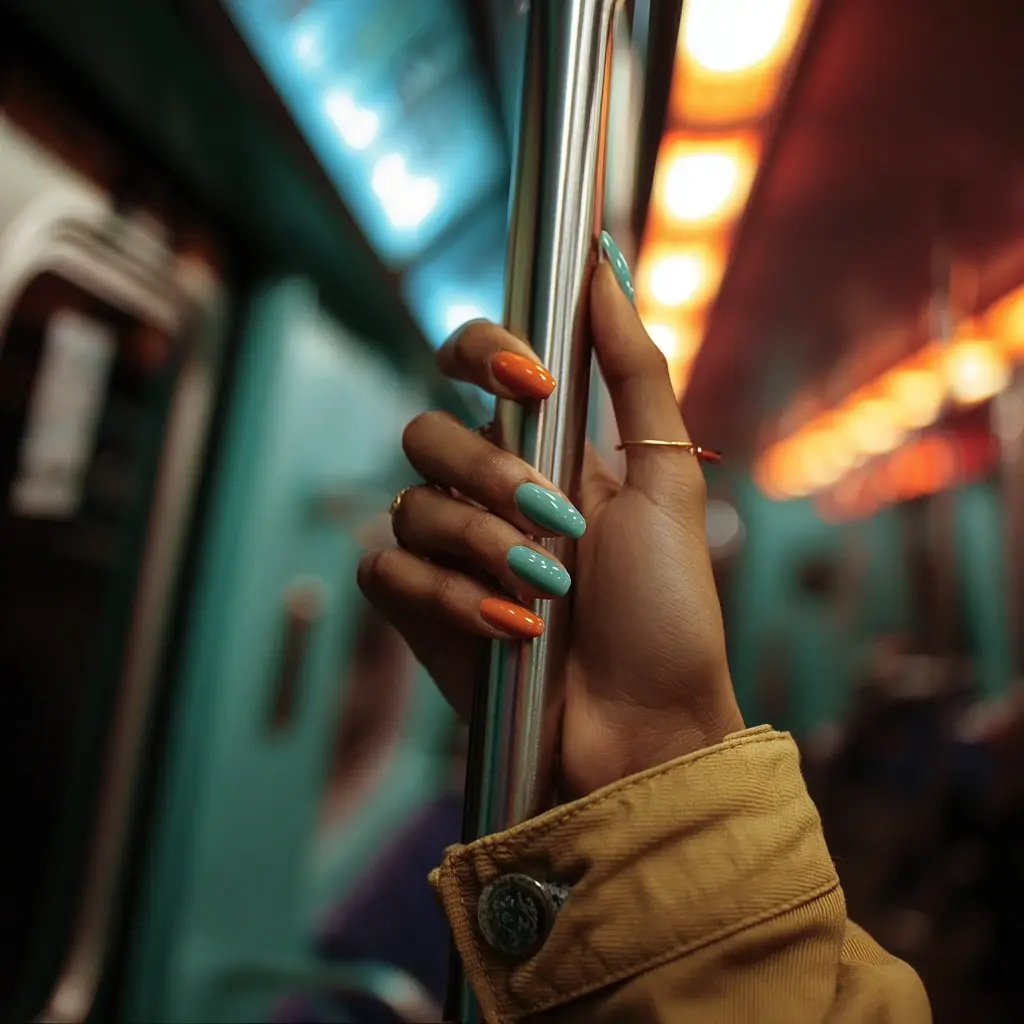 orange coffin medium nails with ombre and glossy