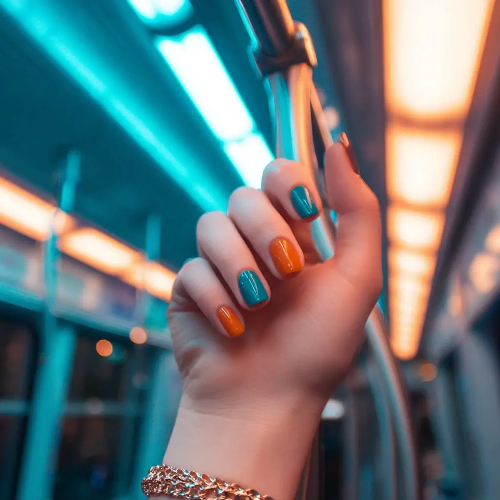 orange square medium nails with abstract and glossy