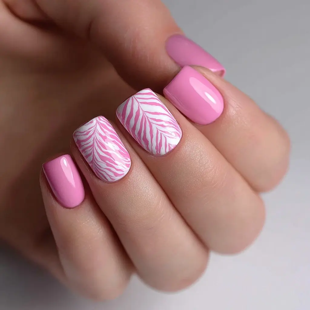 pink and white coffin medium nails with abstract and glossy