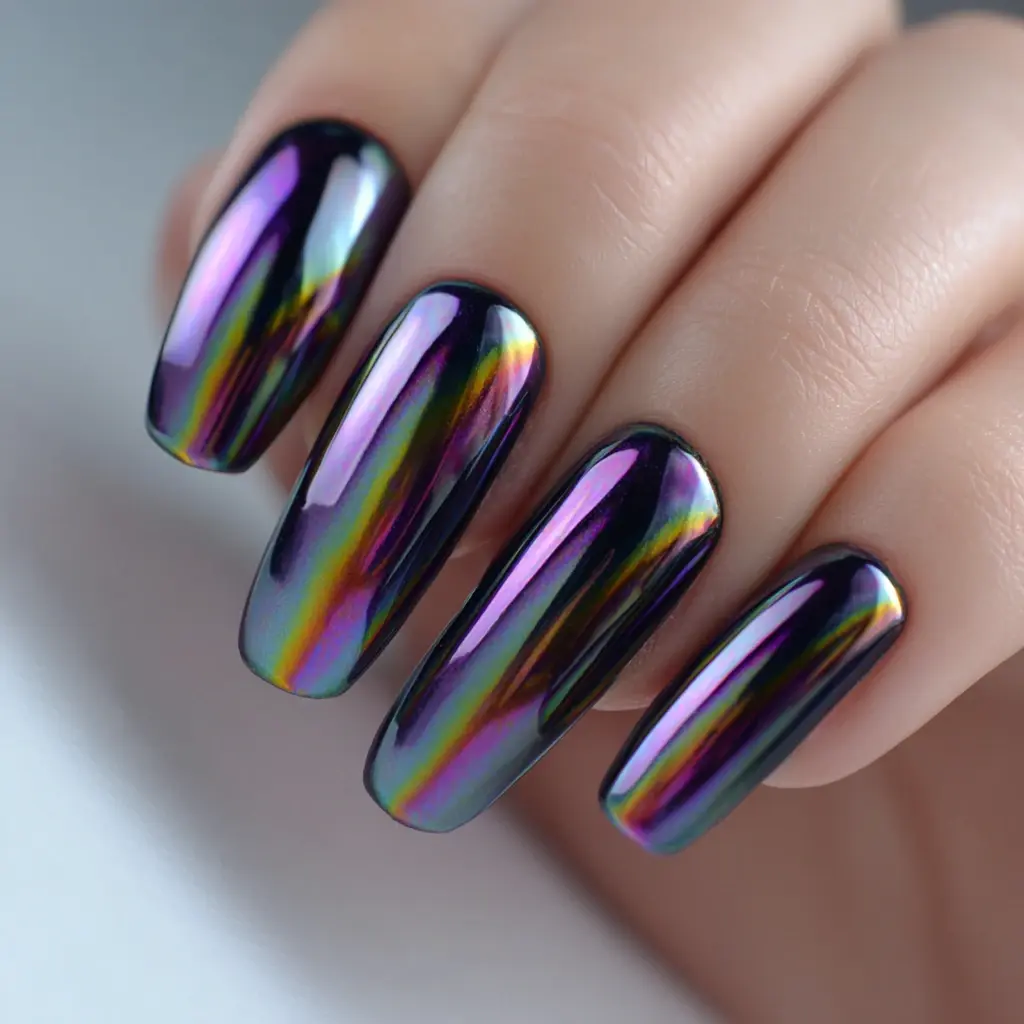 metallic coffin medium nails with abstract and glossy