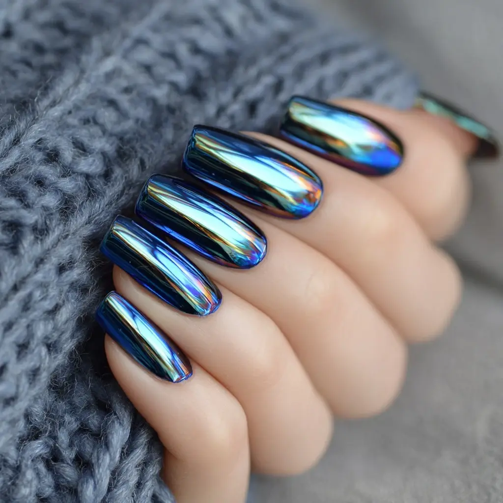 blue and metallic coffin long nails with glossy and abstract