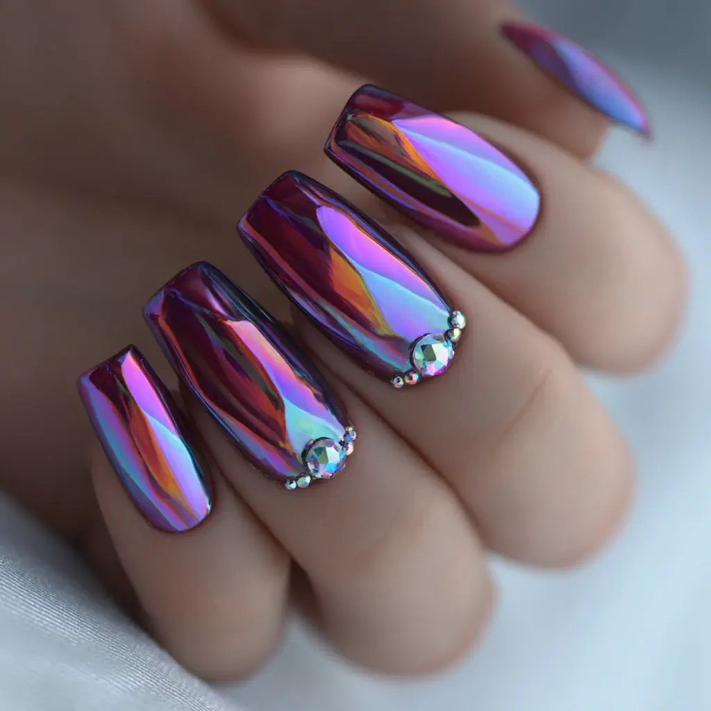 metallic and pastel coffin long nails with abstract and glossy