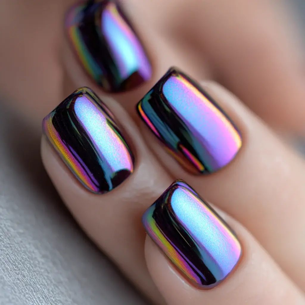 metallic square medium nails with glitter and glossy