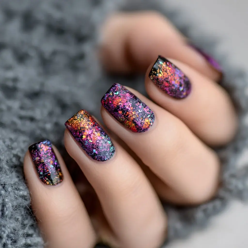 red and purple square medium nails with glitter and abstract
