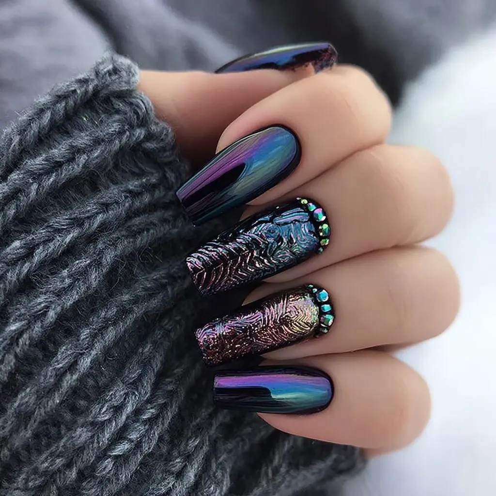 metallic and pastel coffin long nails with abstract and glossy