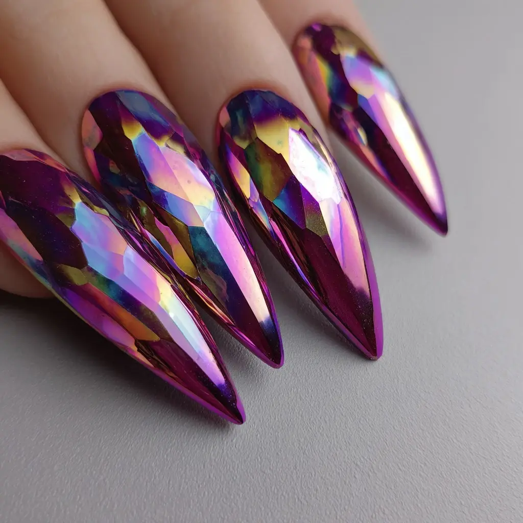 purple and metallic stiletto long nails with abstract and glossy