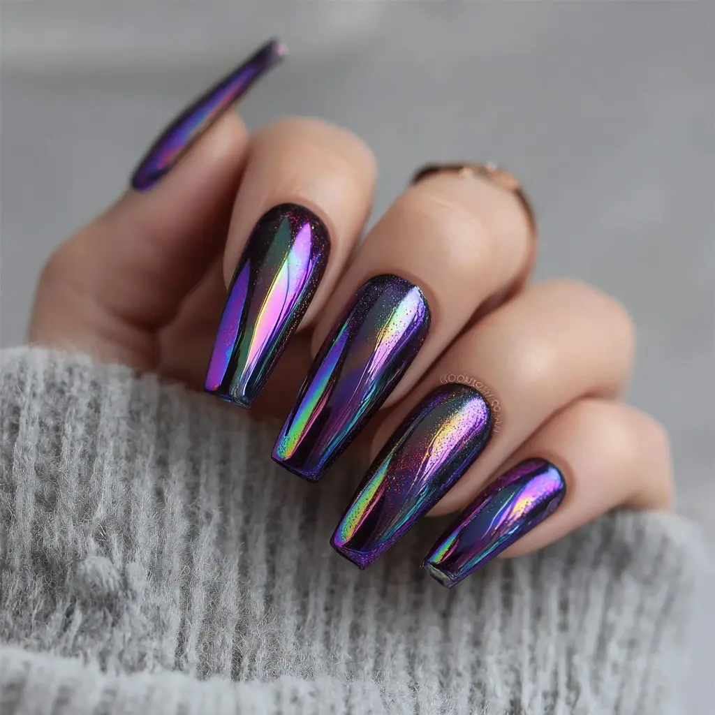 purple and metallic coffin long nails with glossy and abstract