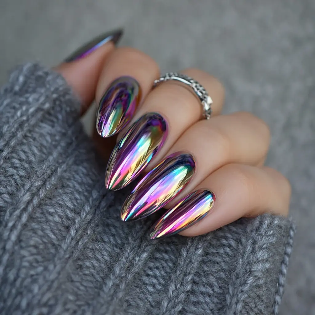 metallic stiletto long nails with glossy and 3d