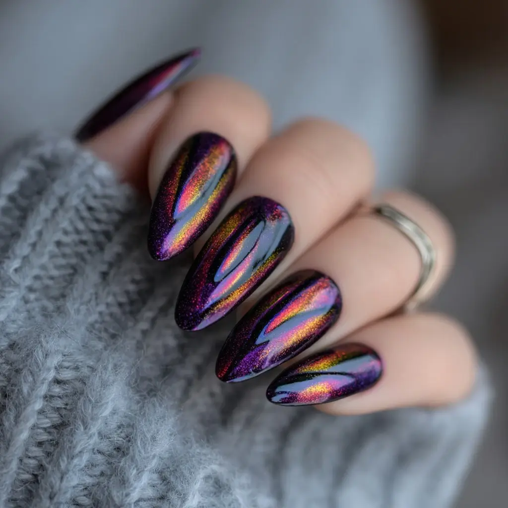purple and pink coffin long nails with abstract and glossy
