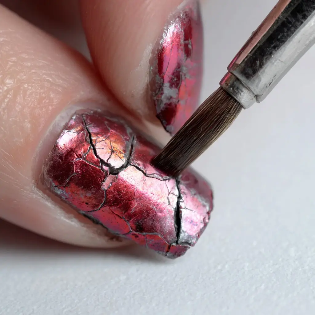 red and metallic square medium nails with abstract and glossy