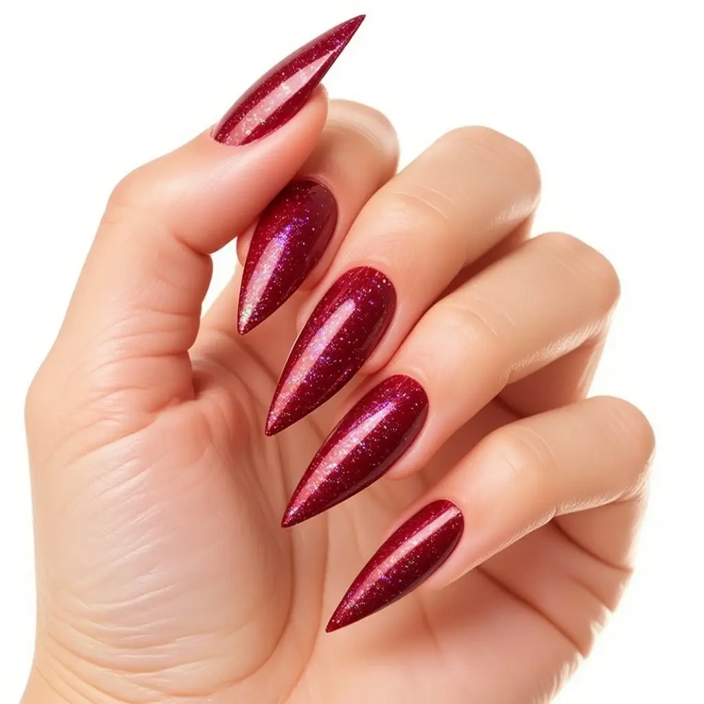 red and metallic stiletto long nails with glitter and glossy