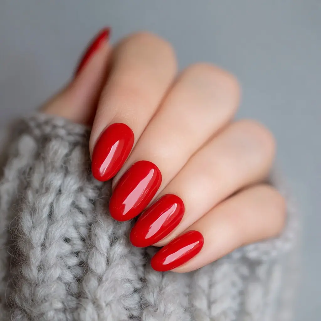 red oval medium nails with glossy
