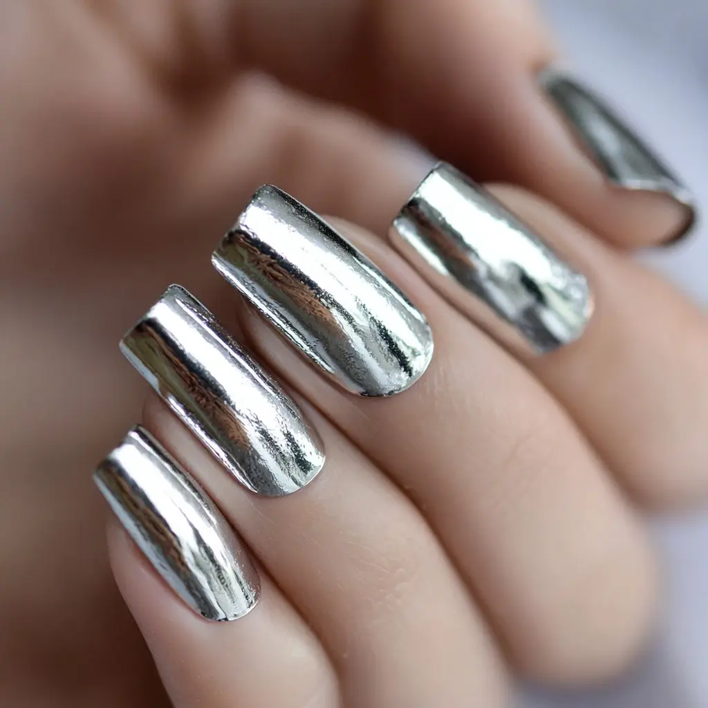 silver and metallic coffin long nails with minimalist and glossy