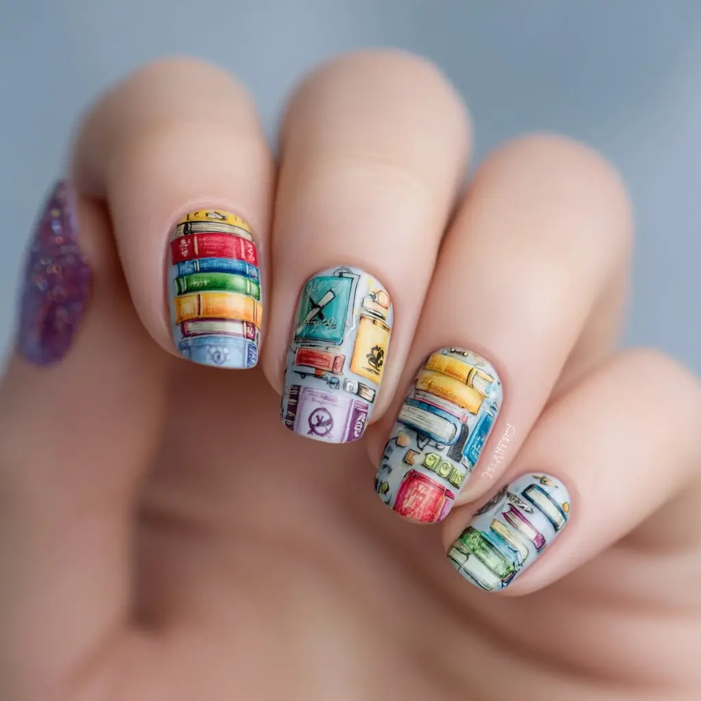 blue and red square medium nails with abstract and floral