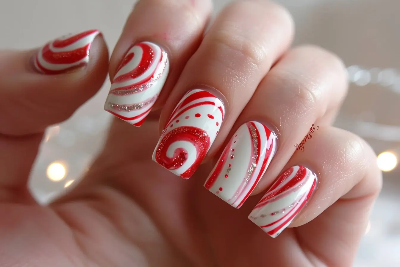 red and white coffin medium nails with abstract and glossy