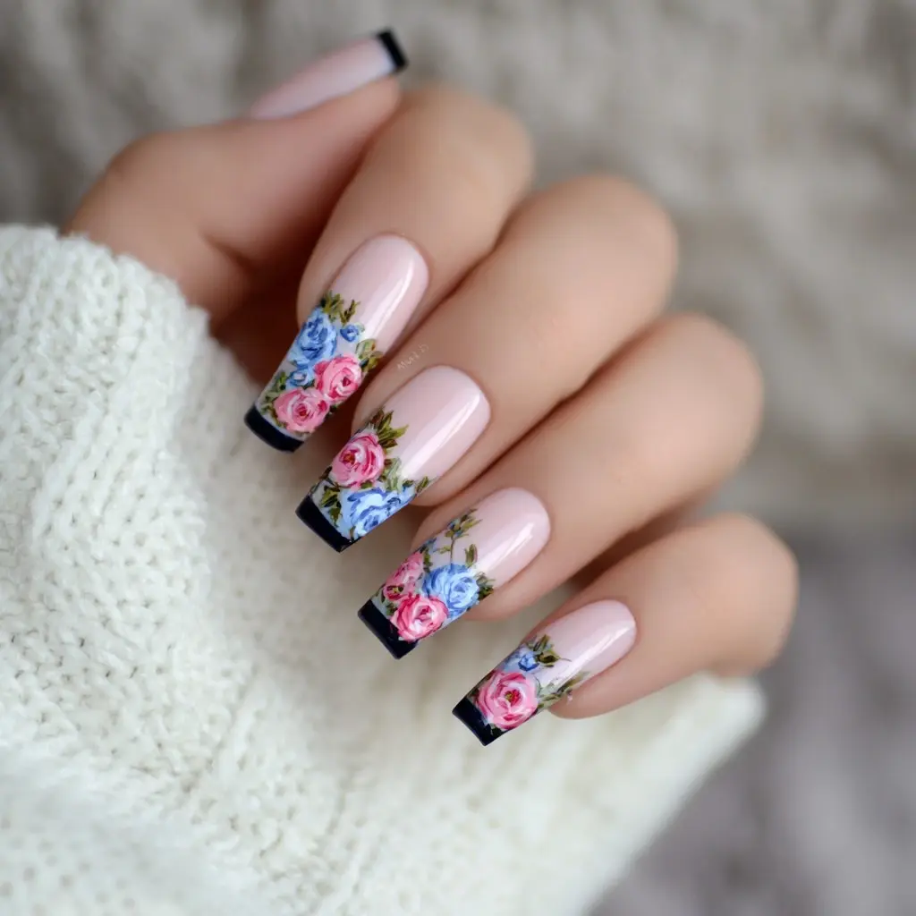 pink and blue coffin long nails with floral and glossy
