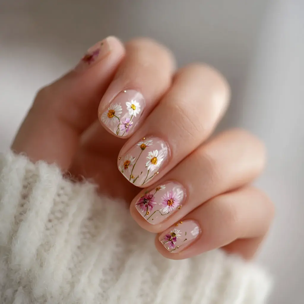 pink and white square medium nails with floral and abstract