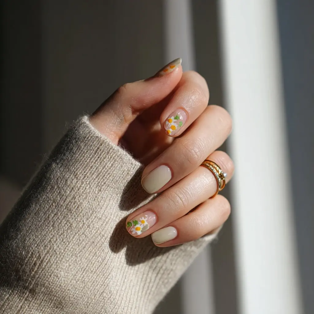 pastel and yellow square medium nails with floral and minimalist