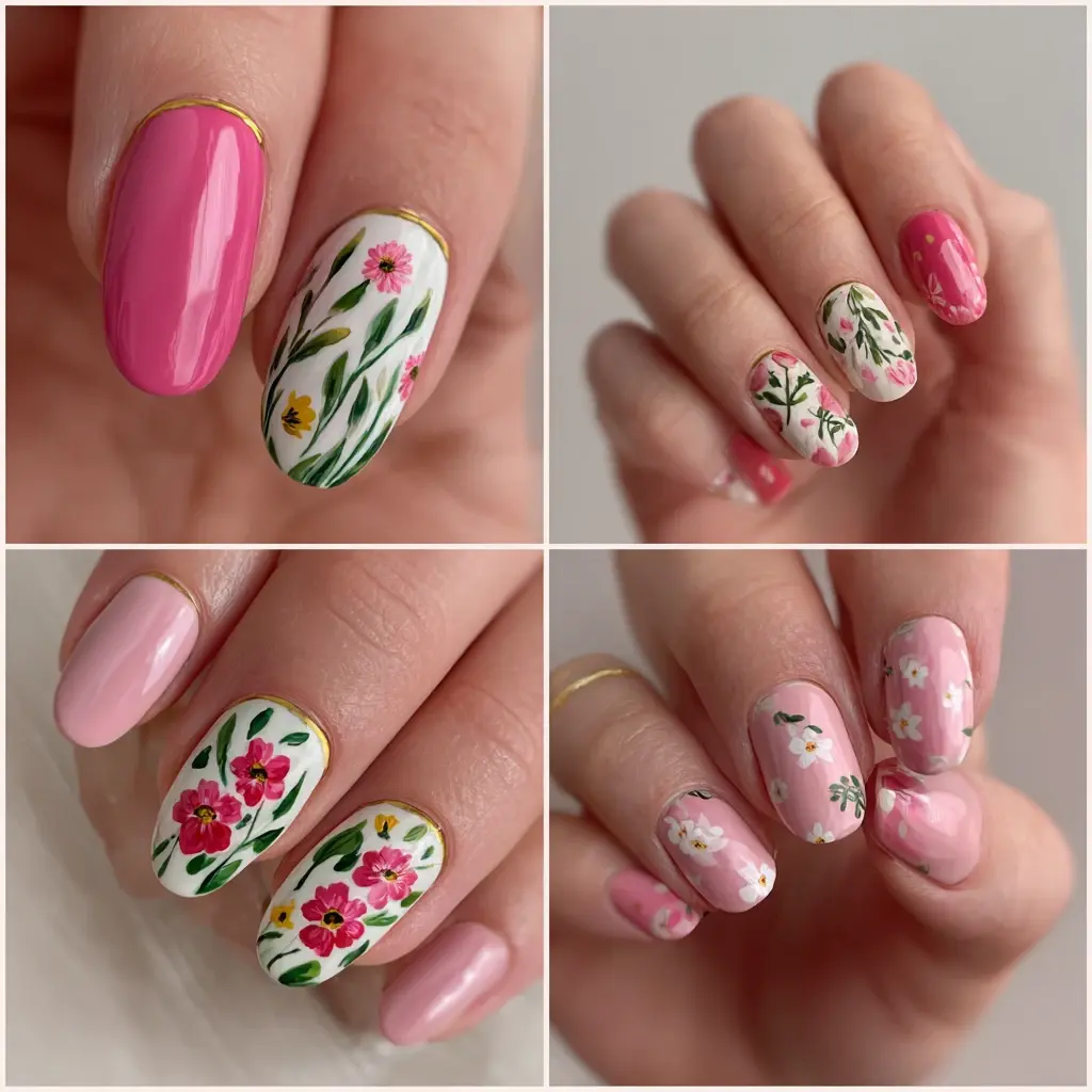 pink and white coffin medium nails with floral and glossy