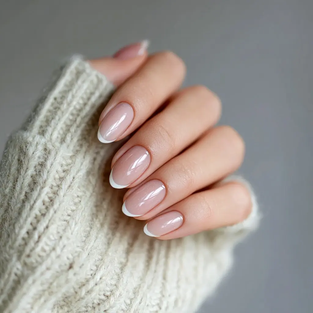 nude and white coffin medium nails with french and minimalist