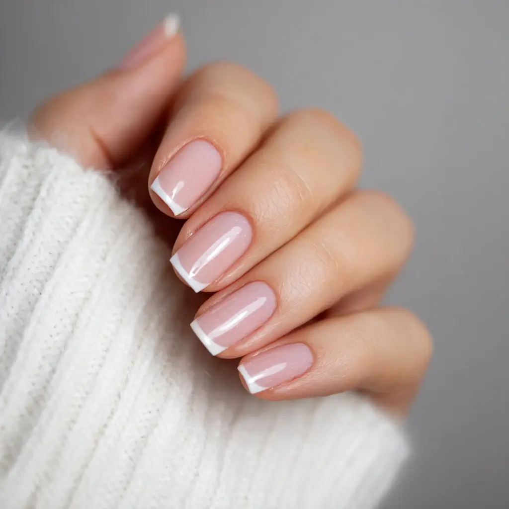 pink and white coffin medium nails with french and glossy