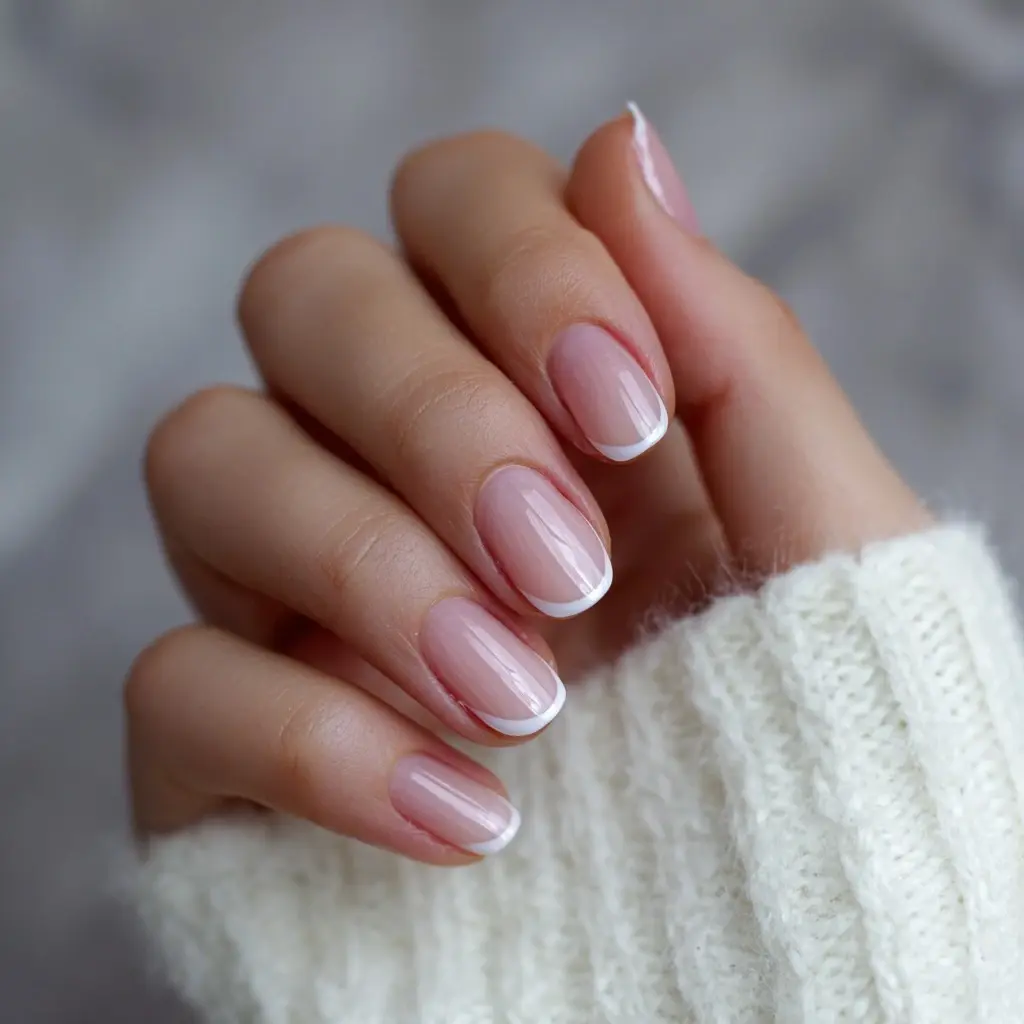 nude and white coffin medium nails with french and minimalist