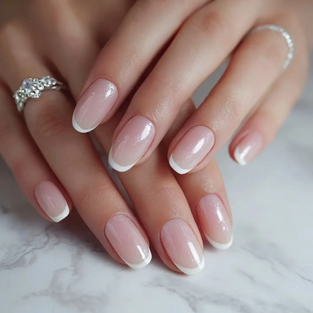 nude and white coffin medium nails with french and minimalist