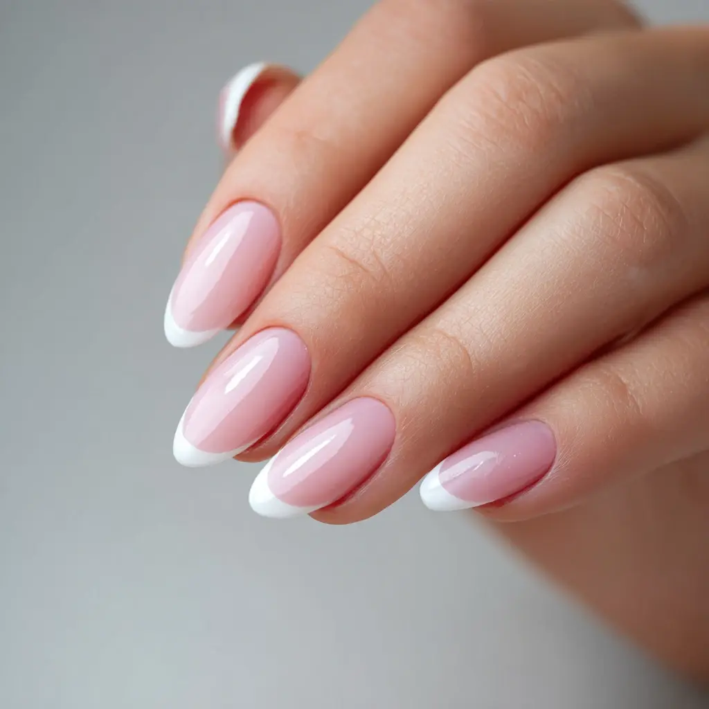 pink and white coffin medium nails with french and glossy