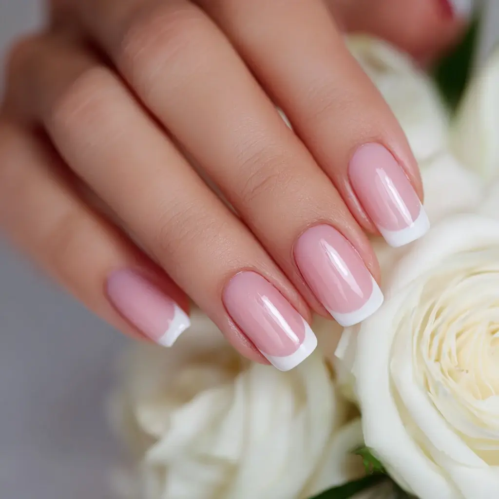 pink and white coffin medium nails with french and glossy